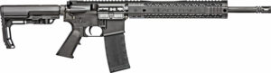 Black rifle firearm, side view on white background.