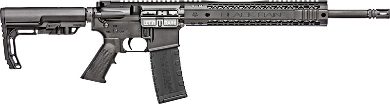 Black rifle firearm, side view on white background.