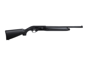 Black tactical pump-action shotgun on white background.