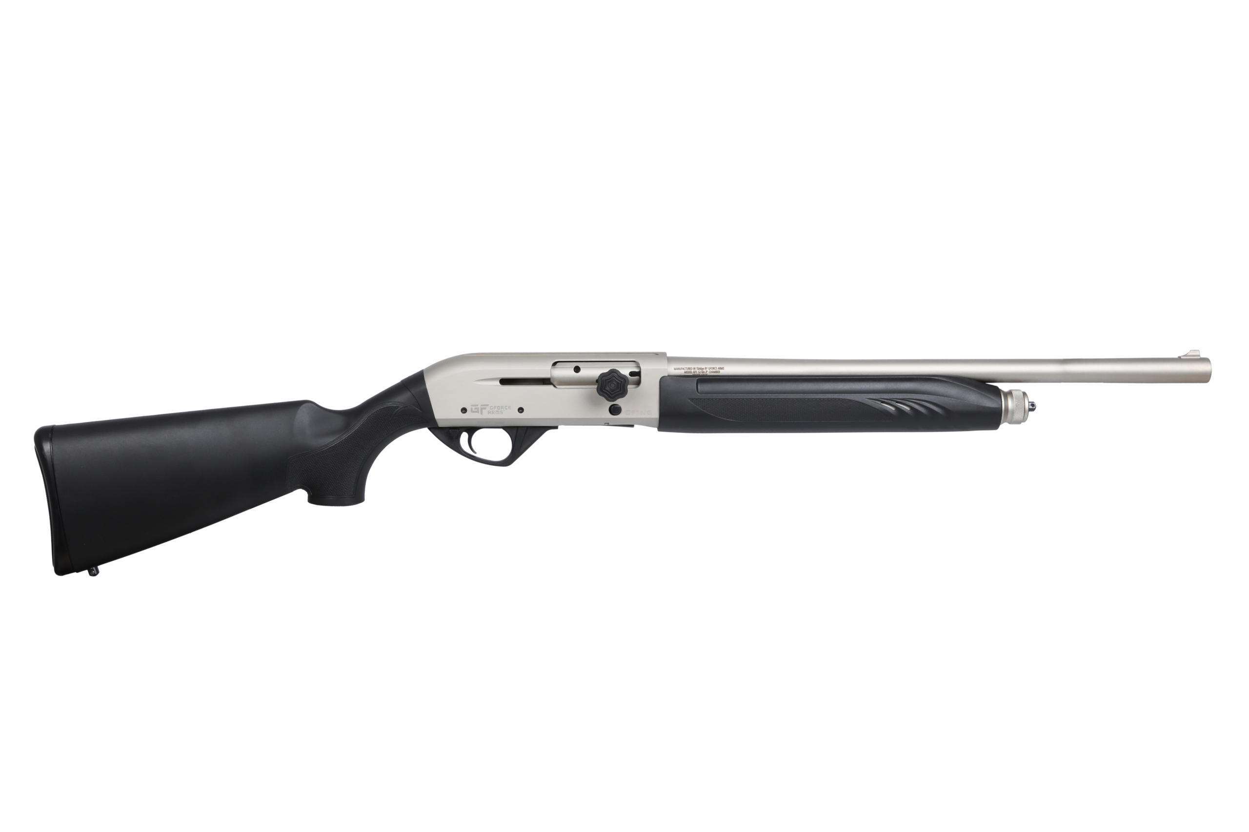 Silver and black semi-automatic shotgun on white background.