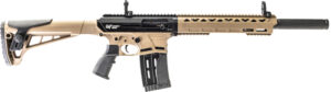 Tan and black tactical shotgun with magazine inserted.