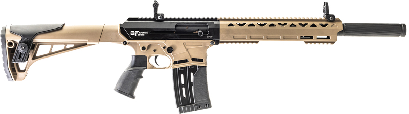 Tan and black tactical shotgun with magazine inserted.