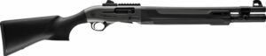 Black tactical pump shotgun isolated view.