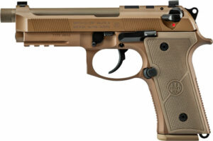 Desert tan handgun with textured grip and safety