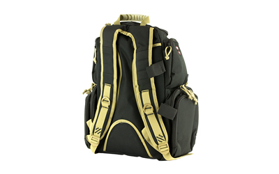 Black hiking backpack with tan straps