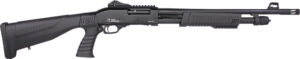 Black tactical shotgun firearm with grip and rail