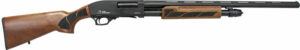 Pump-action shotgun with wooden stock and grip