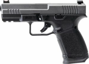 Black handgun side view with textured grip.
