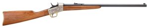 Lever-action rifle with wooden stock and engraved metal.