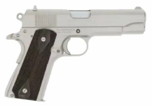 Silver handgun with grip, side view.