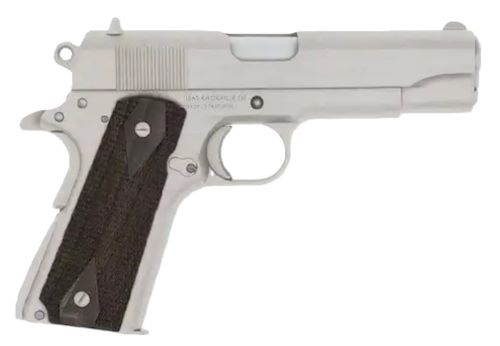 Silver handgun with grip, side view.