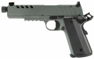 Gray tactical handgun on white background.