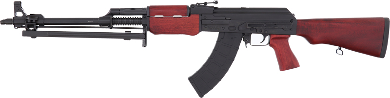 AK-47 rifle with wooden stock and black magazine.
