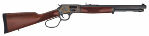Lever-action rifle with wooden stock and metal barrel.