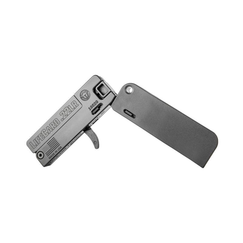 Compact folding firearm, LifeCard .22LR pistol open.
