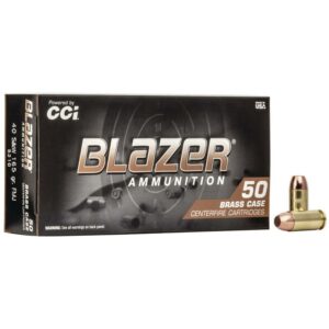 Blazer ammunition box with brass centerfire cartridges.