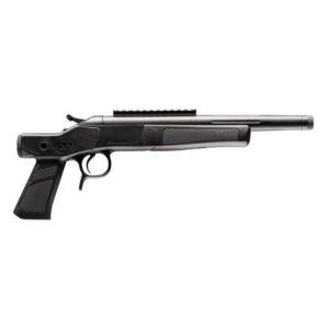 Compact black hunting pistol with tactical rail.