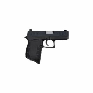 Black compact handgun on white background.