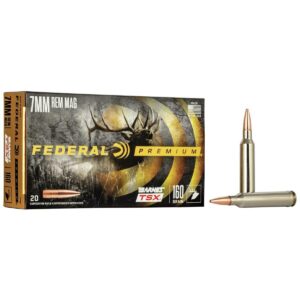 7MM Rem Mag Federal Premium ammunition box and bullets.