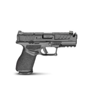 Black handgun on white background.