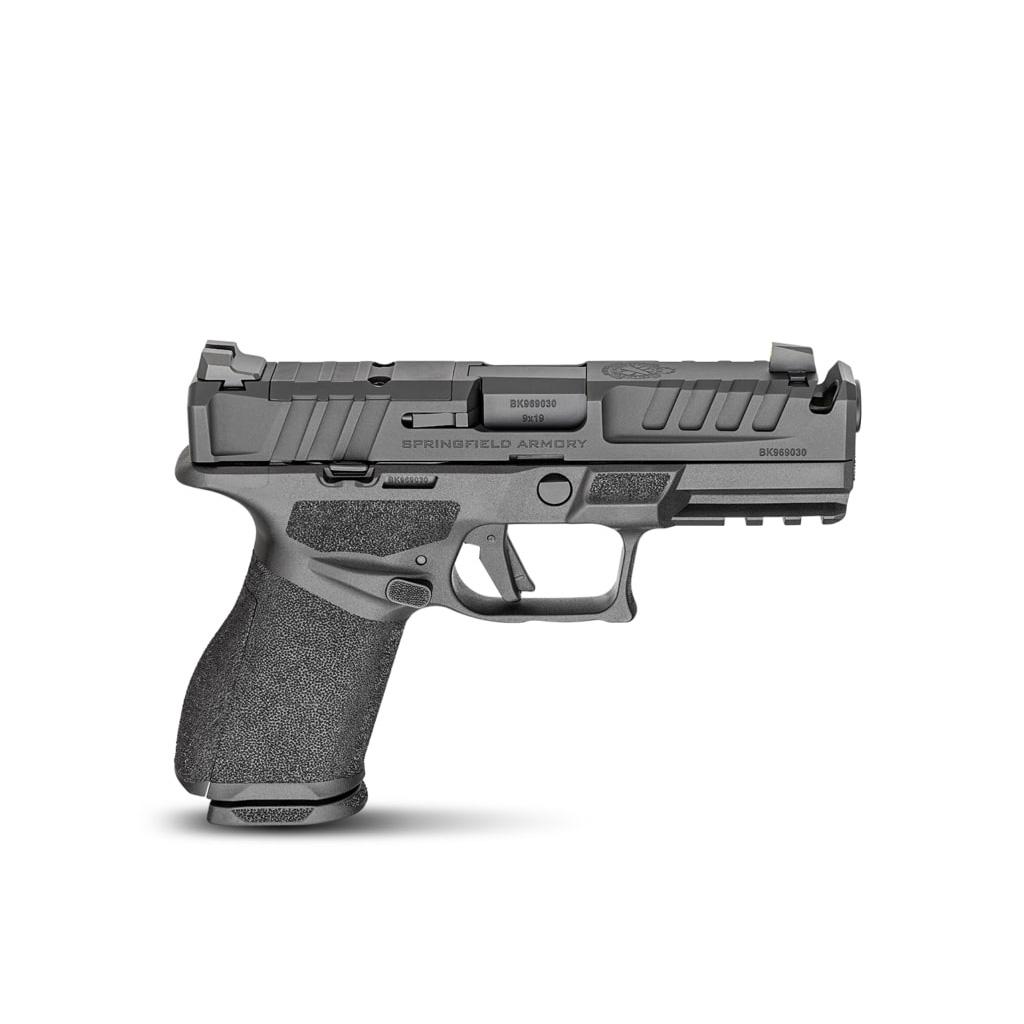 Black handgun on white background.