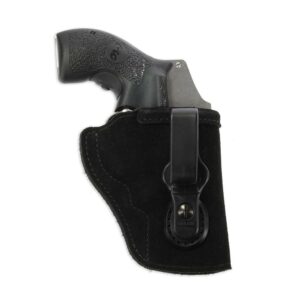Revolver in black suede holster with belt clip.