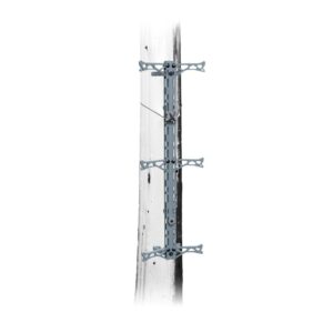 Pole-mounted metal support structure on utility pole.