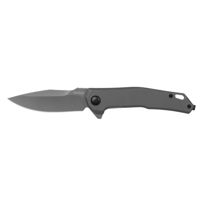 Gray folding knife with open blade