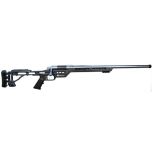Tactical sniper rifle with black chassis and scope.