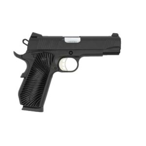 Black semi-automatic handgun on white background.