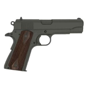 Black and wood handgun side view