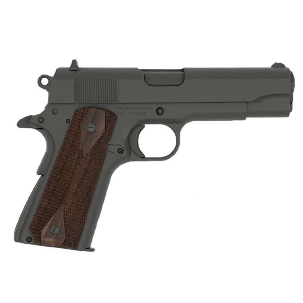Black and wood handgun side view