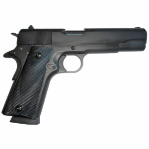 Black handgun with textured grip on white background.
