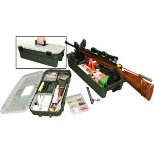 Gun cleaning tool kit with rifle and accessories.