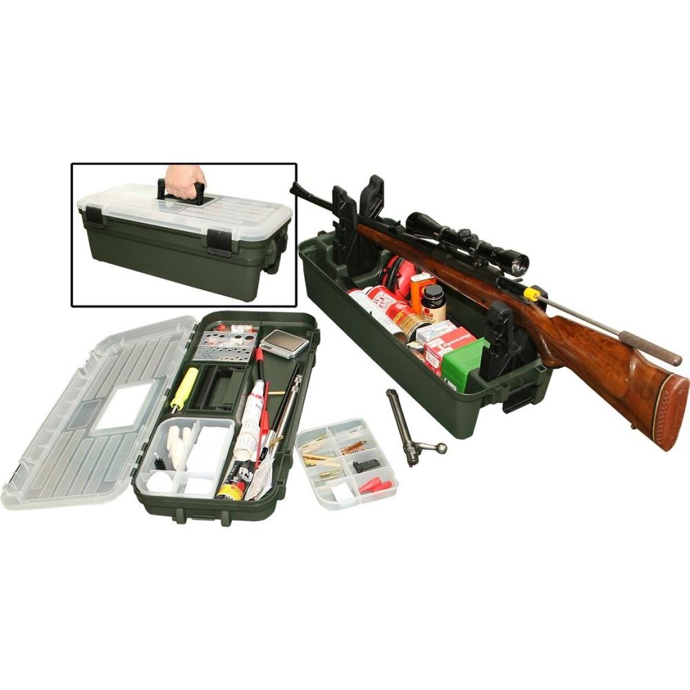 Gun cleaning tool kit with rifle and accessories.