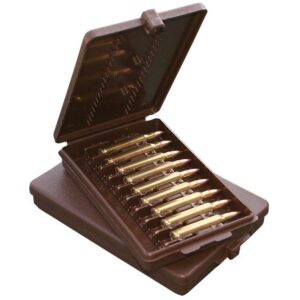 Cartridges in brown plastic storage box.
