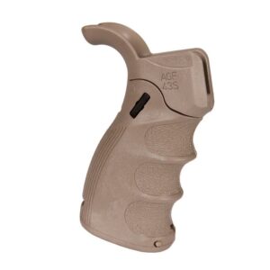 Tactical rifle grip, tan color, ergonomic design.
