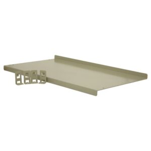 Beige metal wall shelf with wire slots.