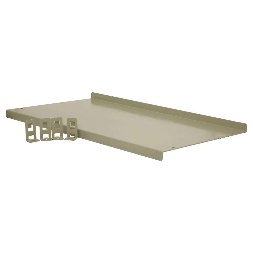 Beige metal wall shelf with wire slots.