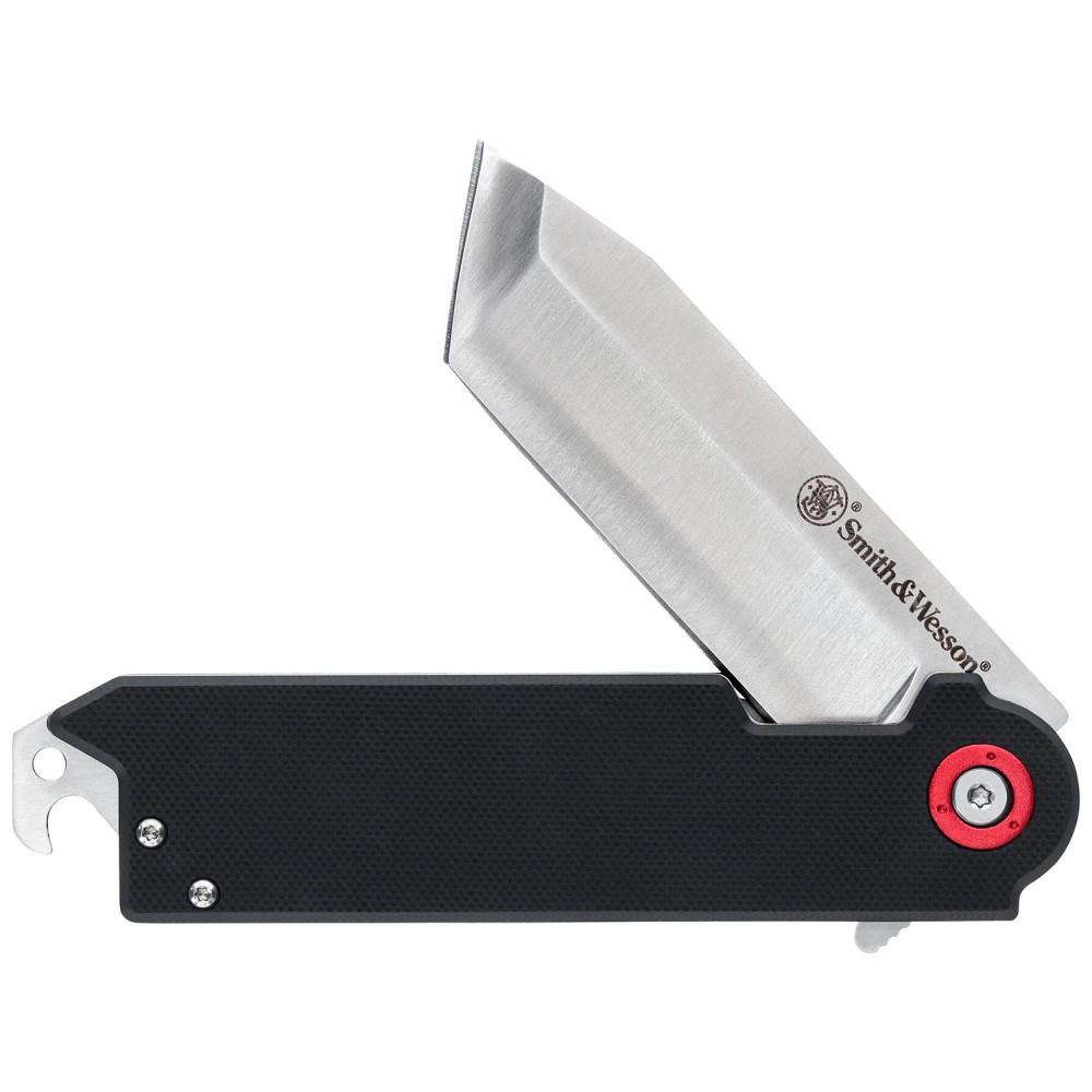 Folding pocket knife with black handle and open blade.
