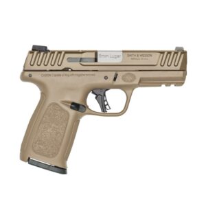 Tan handgun, side view.