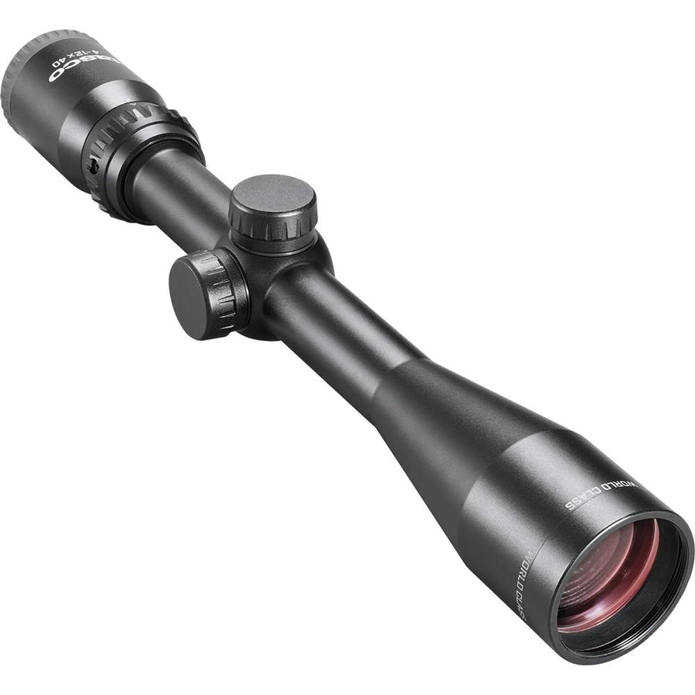 Black riflescope with adjustment knobs side view.