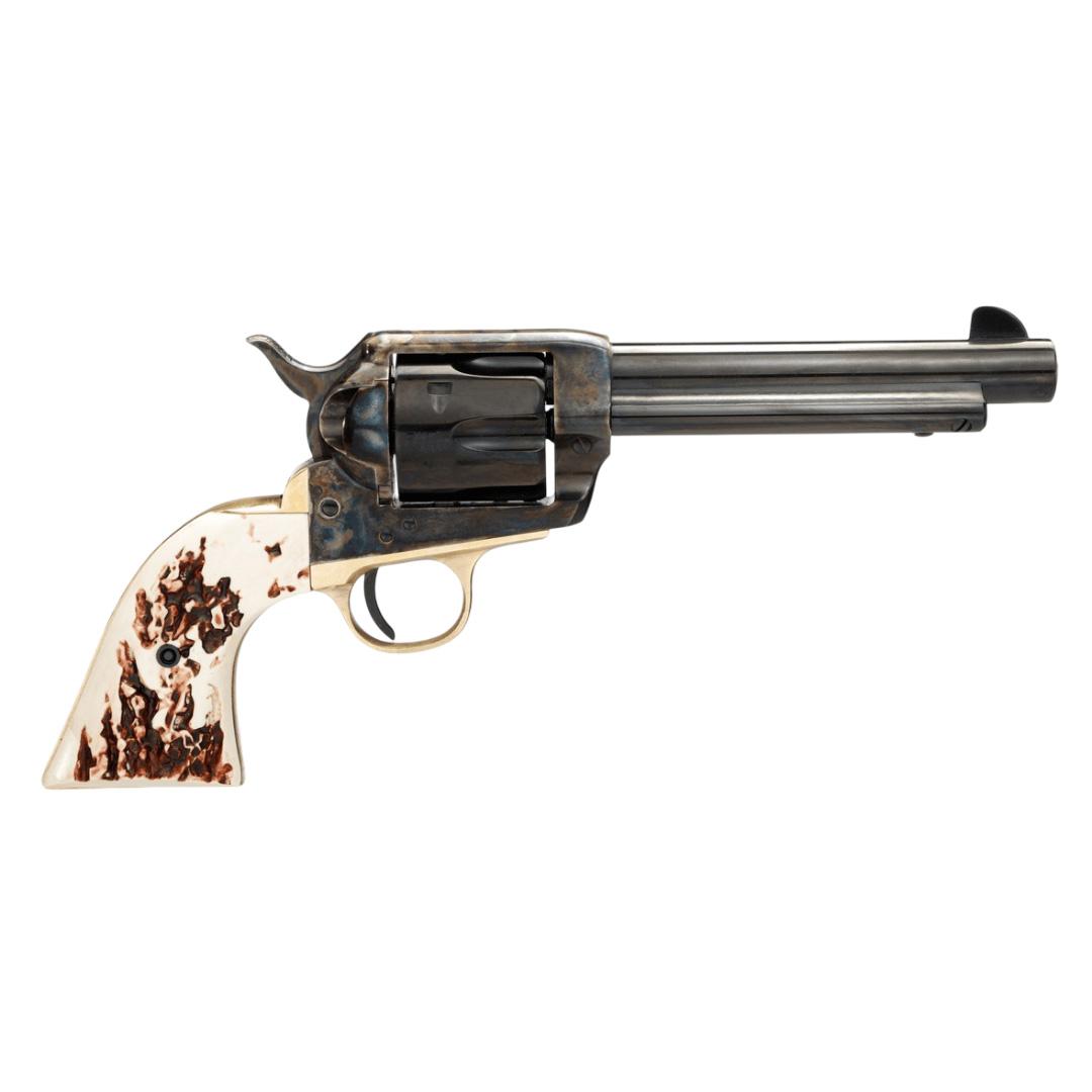 Antique revolver with ivory handle on white background.