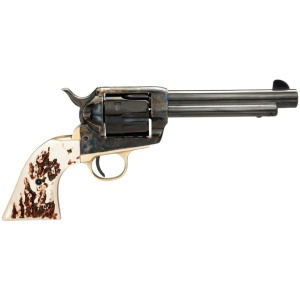 Vintage revolver with ornate handle on display.