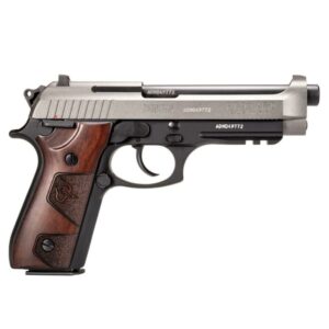 A silver and wooden handgun with black accents.