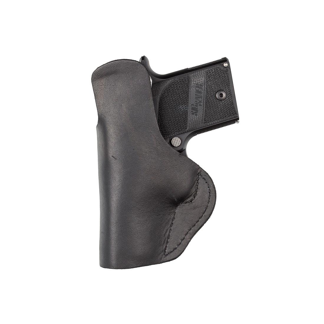 Compact pistol with black leather holster