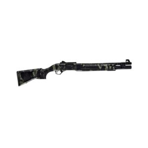 Camouflage pump-action shotgun with barrel sight.