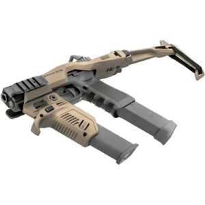 Tactical handgun with extended magazine and accessories.