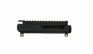 Black firearm upper receiver on white background.