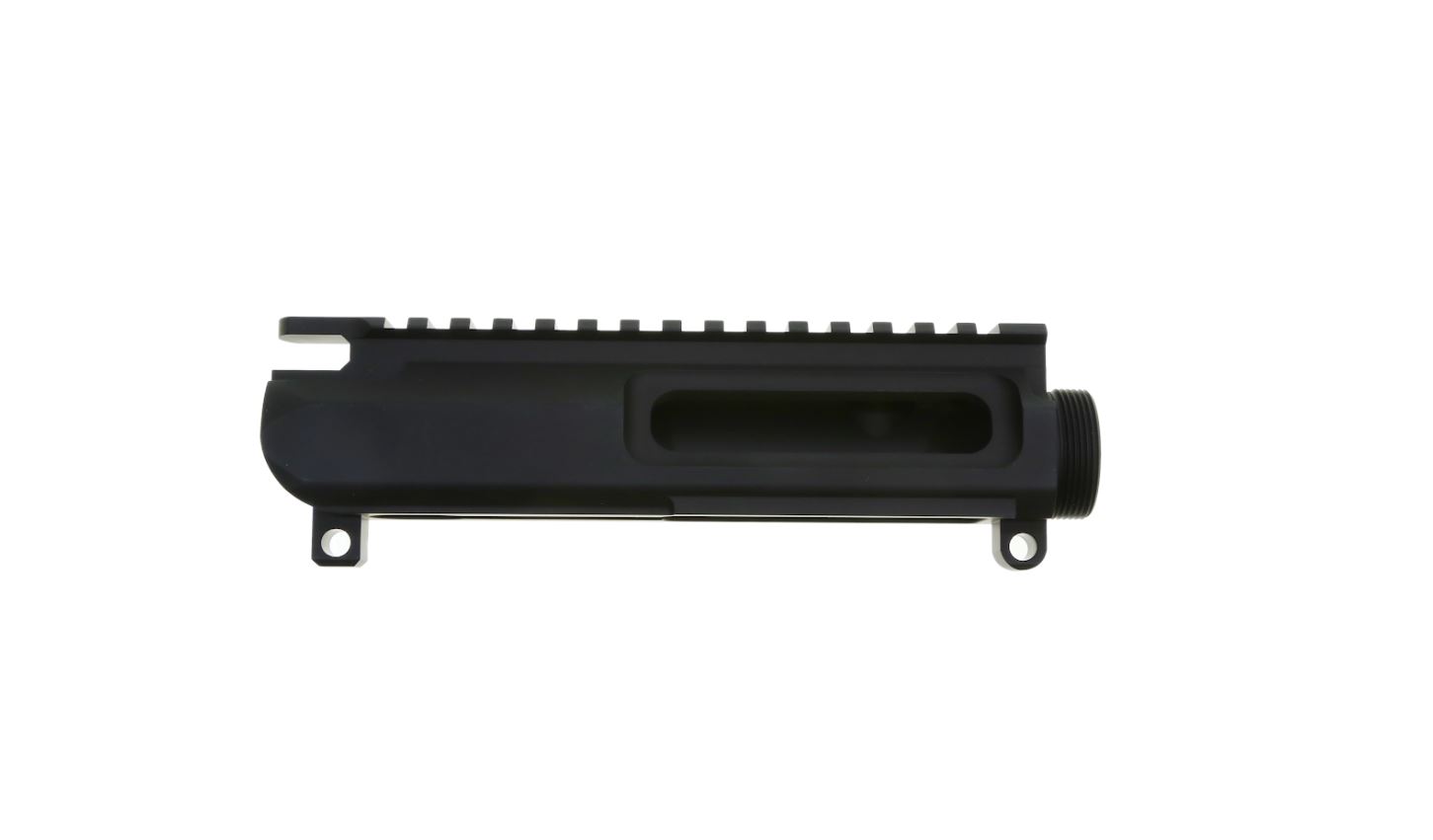 Black firearm upper receiver on white background.